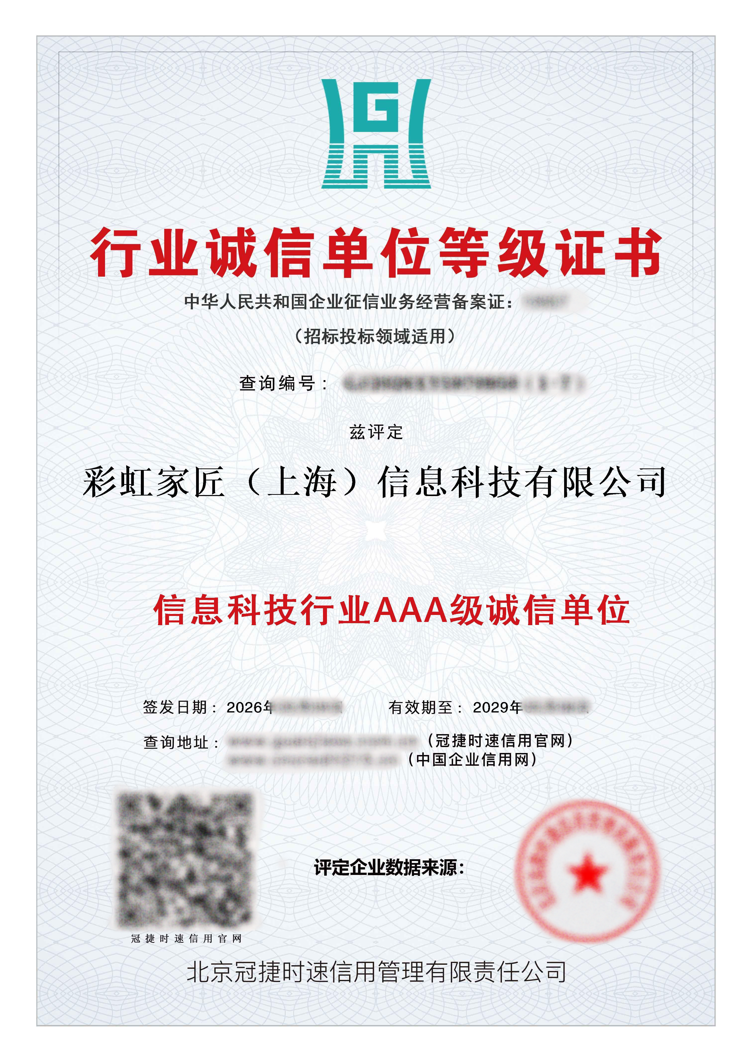 行业诚信单位等级证书